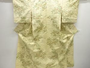 アンティーク　花に芝草模様織り出し手織り紬単衣着物